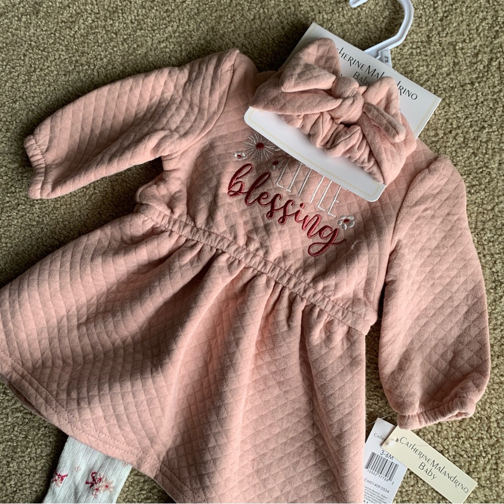 Catherine Malandrino Soft Pink Quilted Baby Dress with Bow (size 3-6mo)